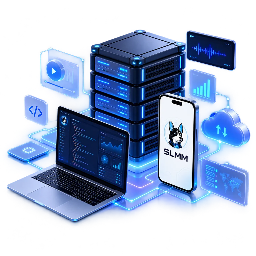 SLMM Infrastruktur mit Server, Laptop, Smartphone und Cloud